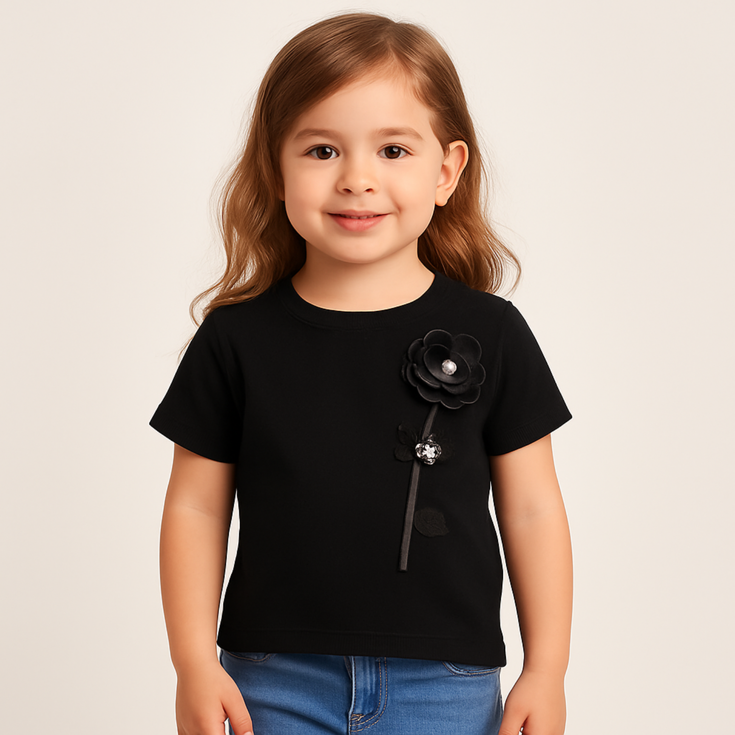 Girls' Elegant Floral Appliqué Crop Top – Red & Black | Reverse Xtreme | Age 1–12 Years