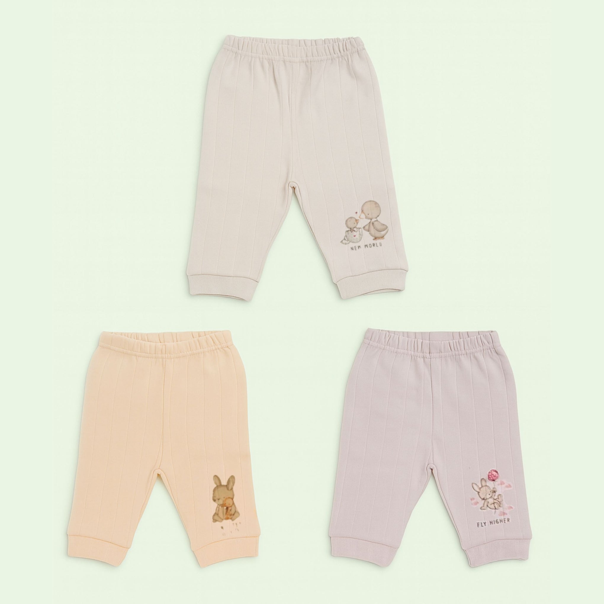 Premium Soft Cotton Baby Ribbed Leggings – Adorable Printed Designs (Pack of 3) Any 3 Color Combo