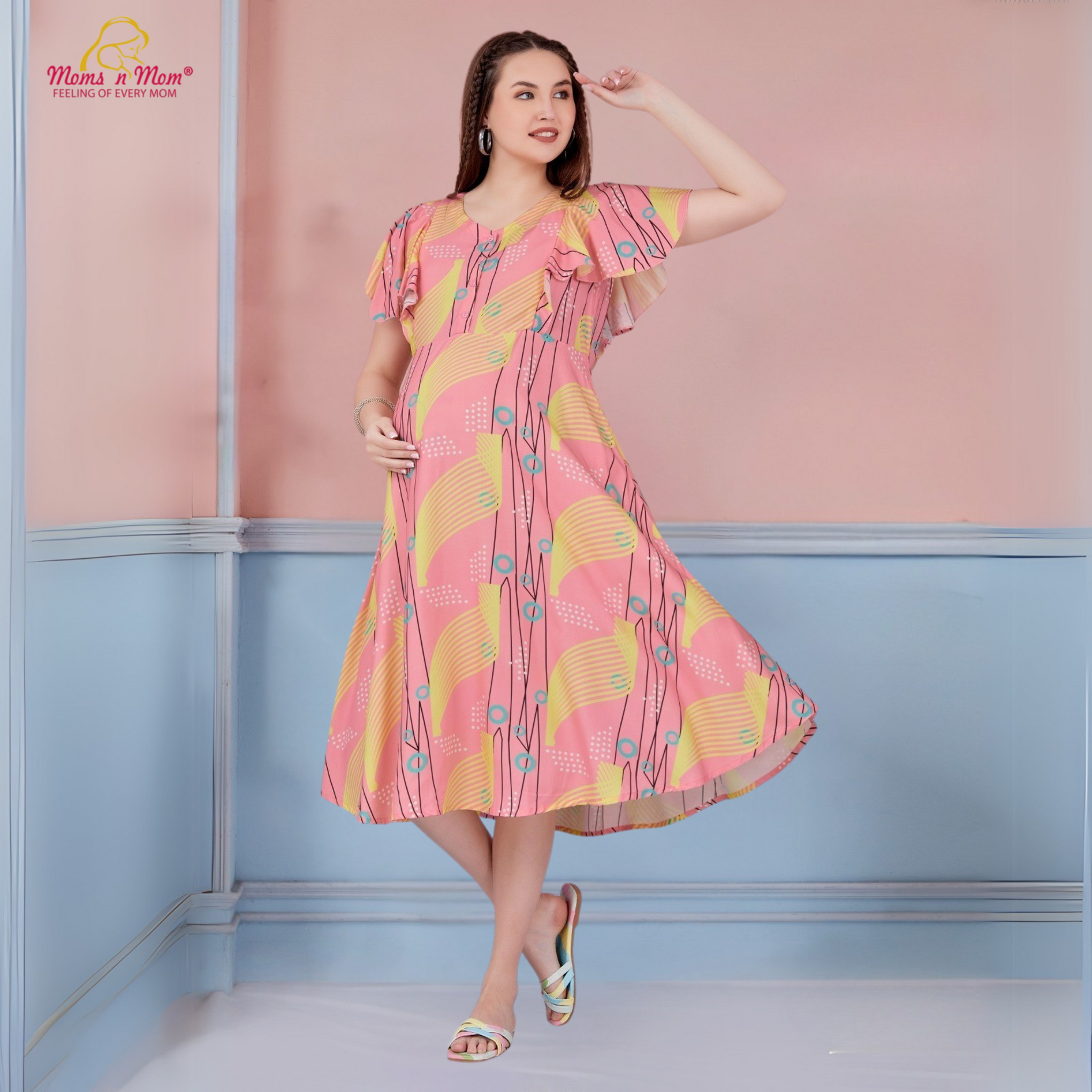 Moms N Mom Cotton Maternity Short Dress | With Vertical Opening Hidden Zipper | Fashionable Maternity & Feeding Kurtis (Pink/Yellow)