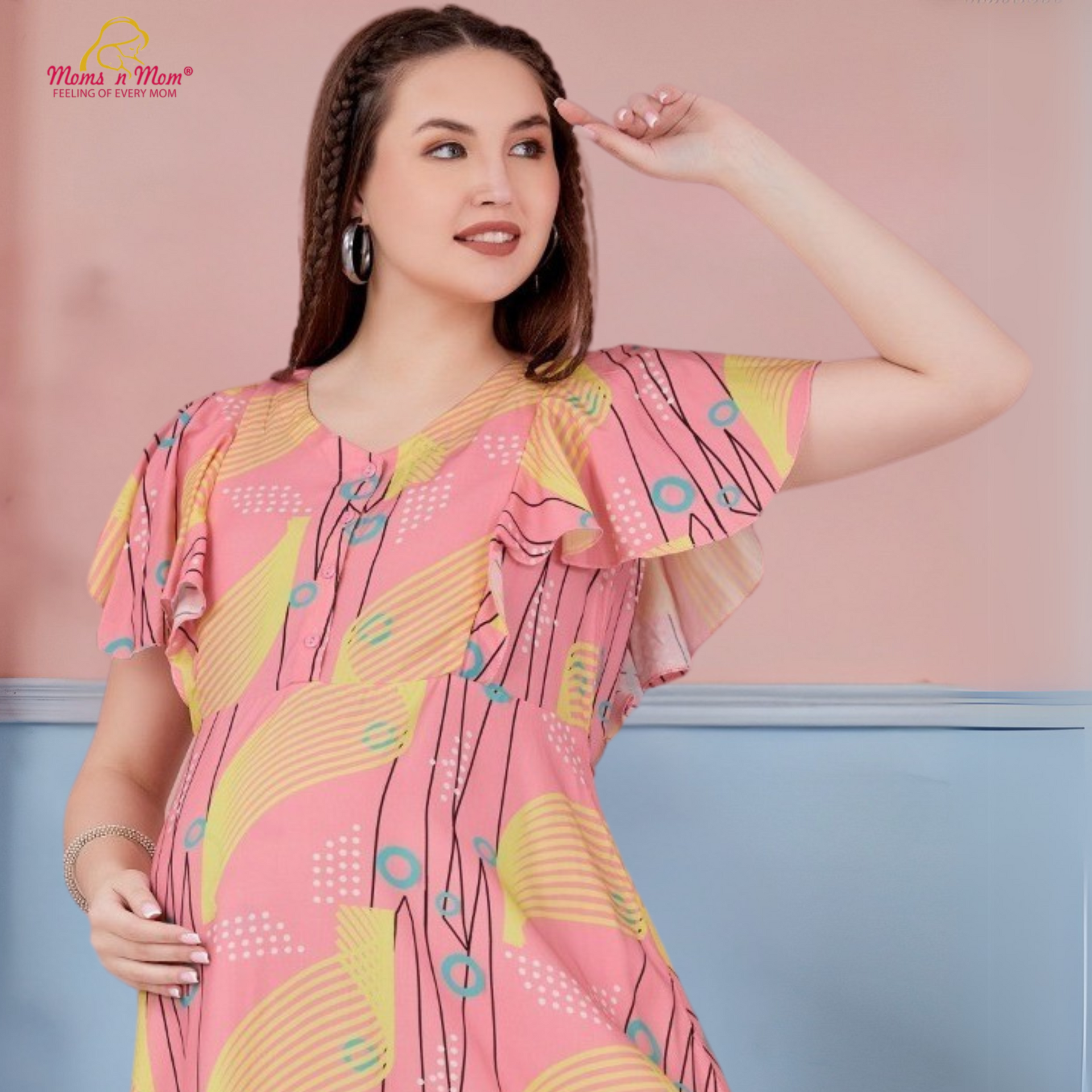 Moms N Mom Cotton Maternity Short Dress | With Vertical Opening Hidden Zipper | Fashionable Maternity & Feeding Kurtis (Pink/Yellow)