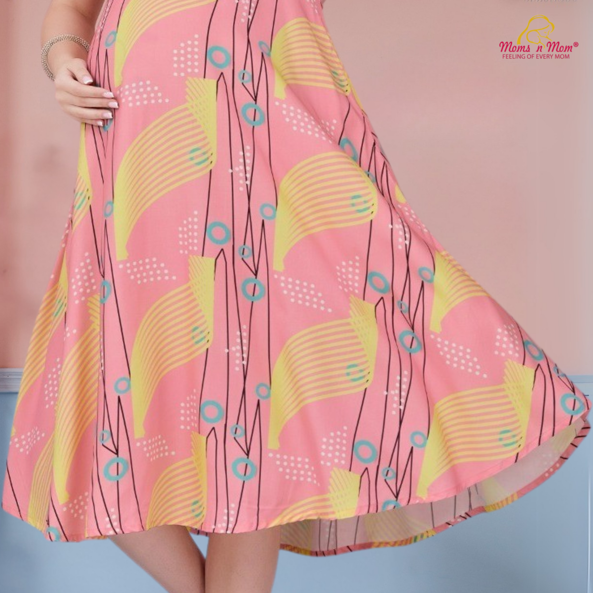 Moms N Mom Cotton Maternity Short Dress | With Vertical Opening Hidden Zipper | Fashionable Maternity & Feeding Kurtis (Pink/Yellow)