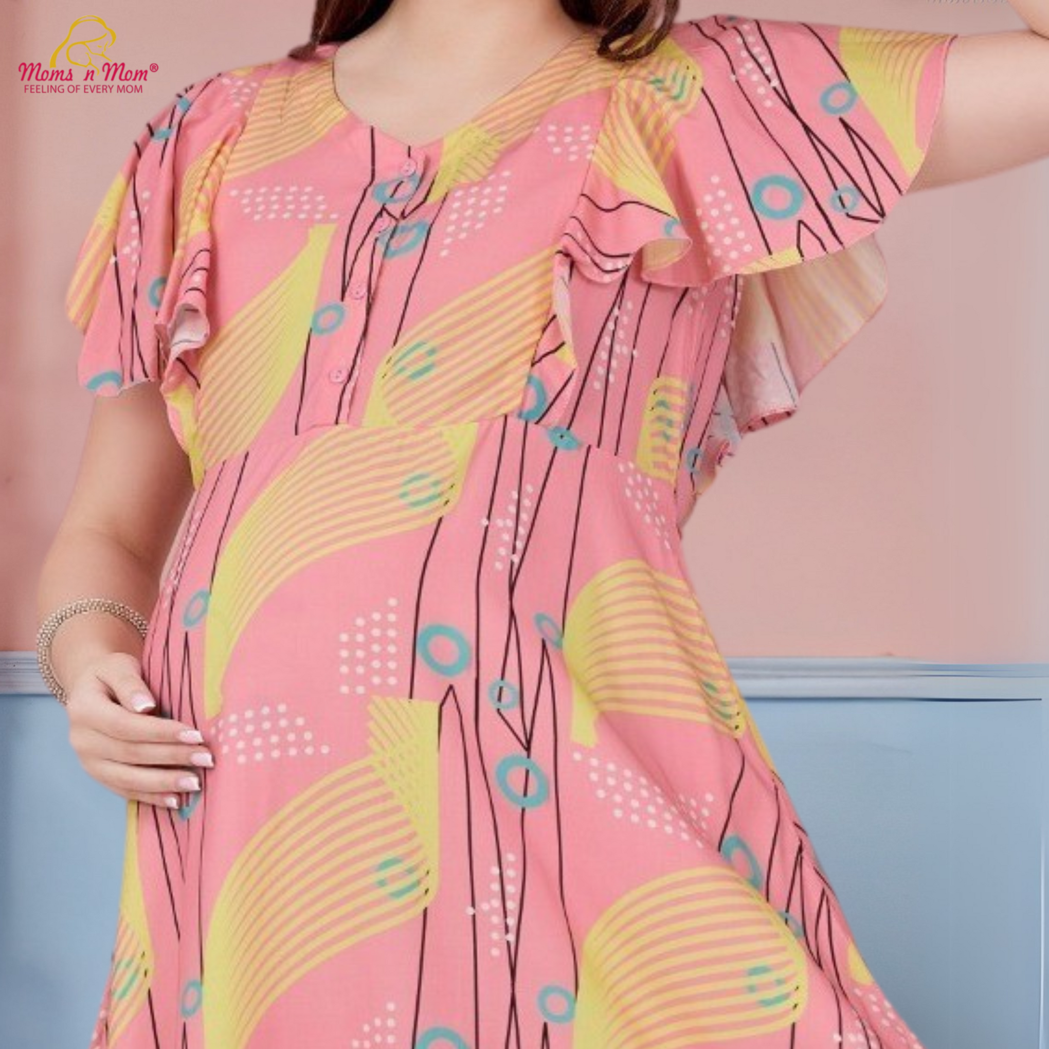 Moms N Mom Cotton Maternity Short Dress | With Vertical Opening Hidden Zipper | Fashionable Maternity & Feeding Kurtis (Pink/Yellow)