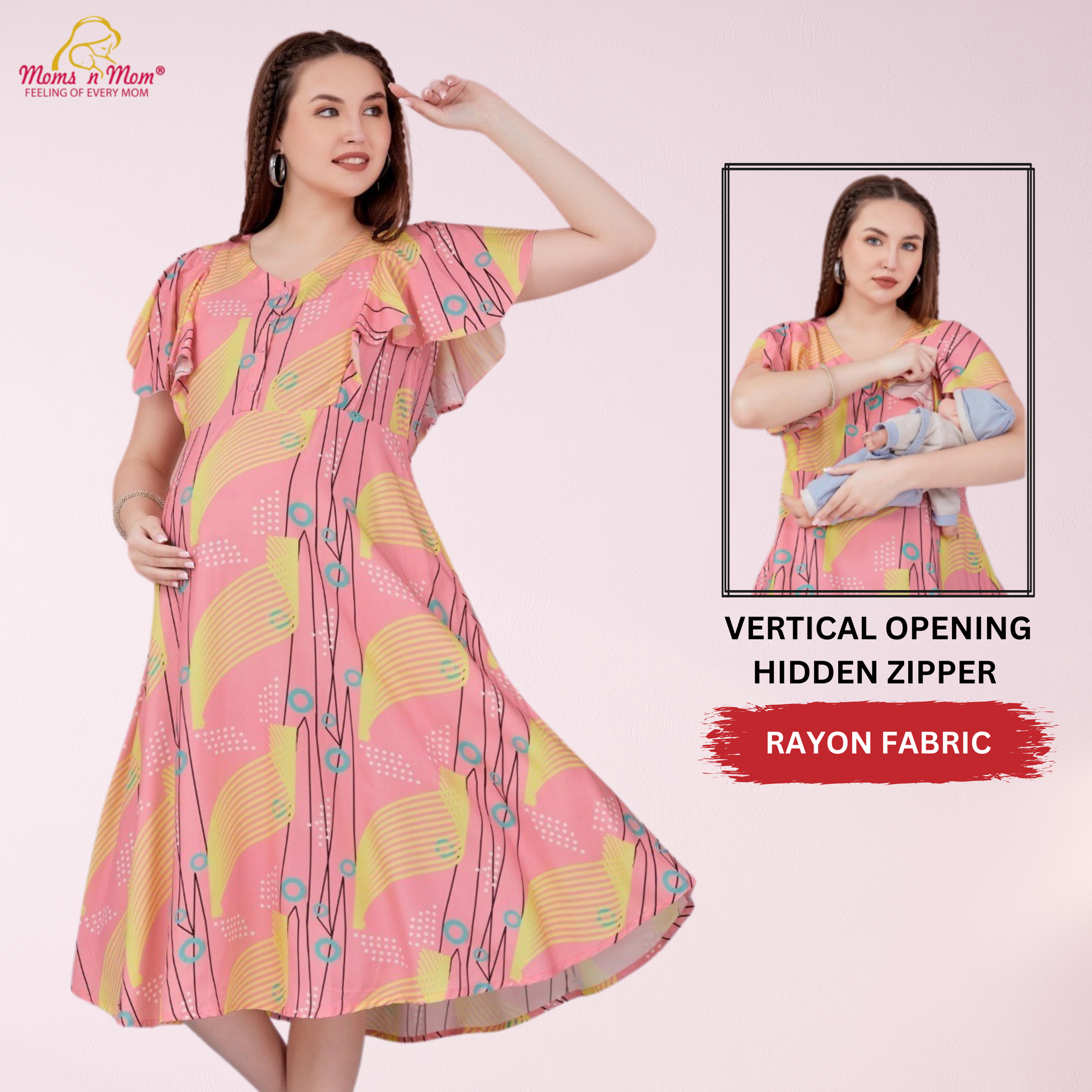 Moms N Mom Cotton Maternity Short Dress | With Vertical Opening Hidden Zipper | Fashionable Maternity & Feeding Kurtis (Pink/Yellow)