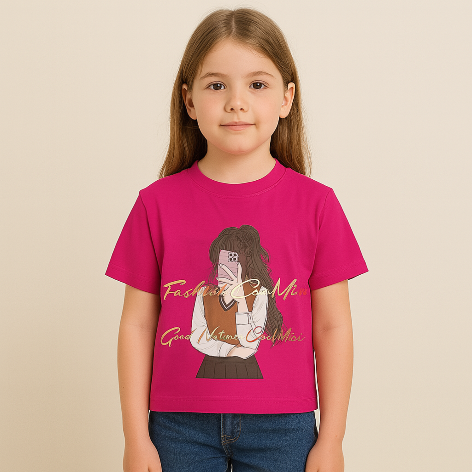 Reverse Xtreme Girls Stylish Graphic Print T-Shirt – Orange & Hot Pink | Cute Cartoon Design