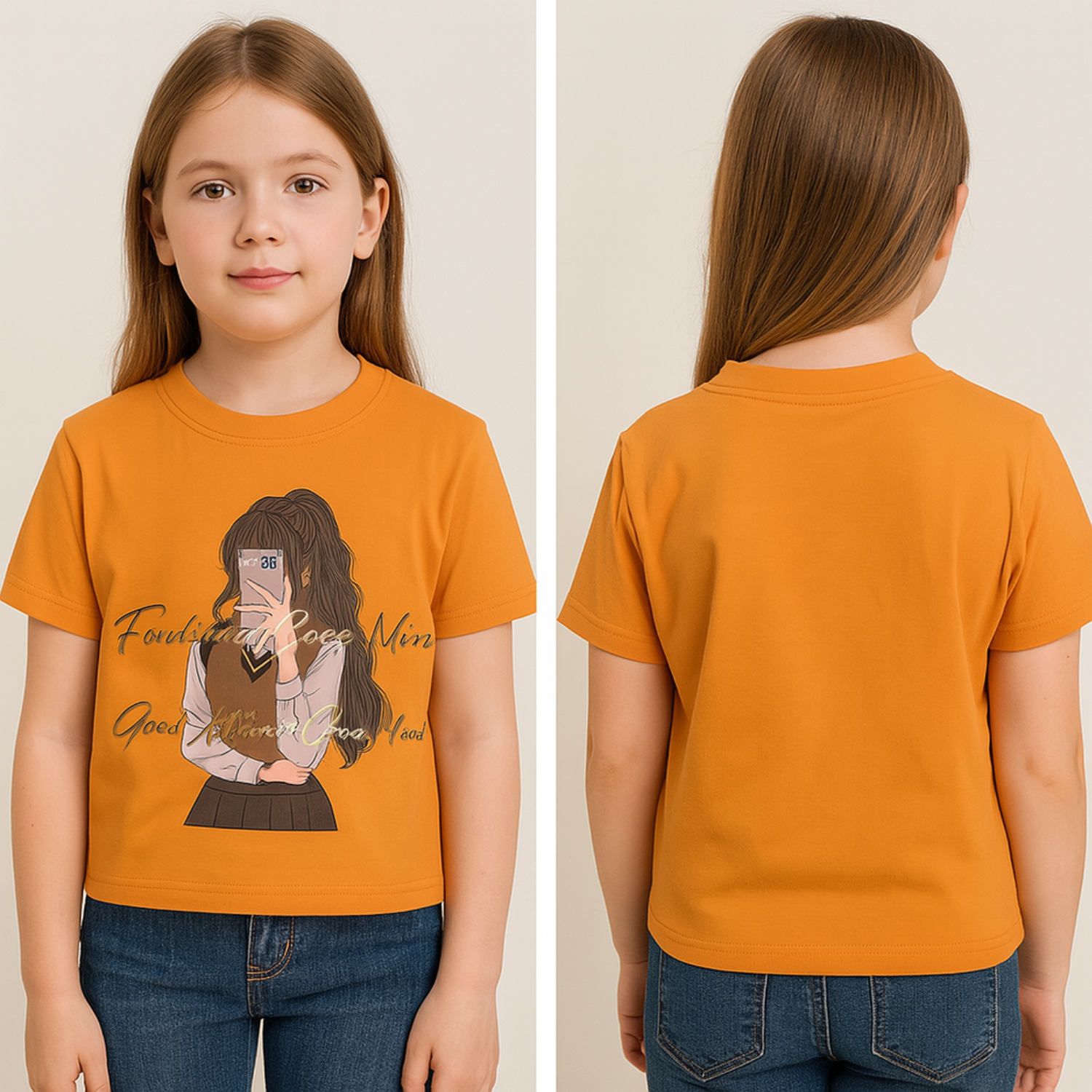 Reverse Xtreme Girls Stylish Graphic Print T-Shirt – Orange & Hot Pink | Cute Cartoon Design