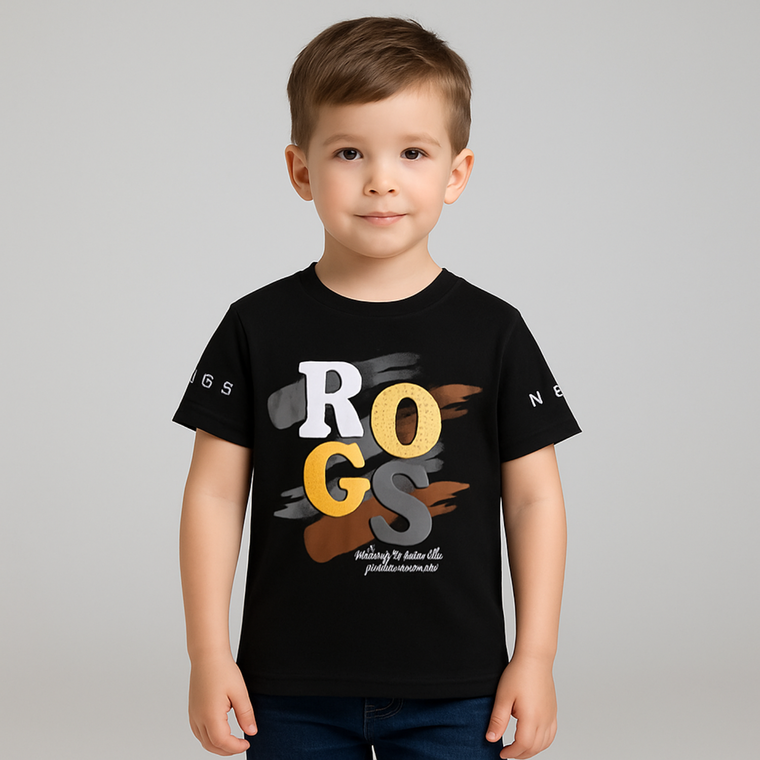 Smile Baby “ROGS” Graphic Print Kids’ T-Shirt – Brown, White & Black