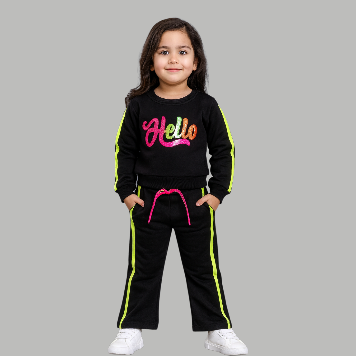 JUST CLOTHES Girls "Hello" Tracksuit Set – Black with Neon Stripes (18M–14Y)