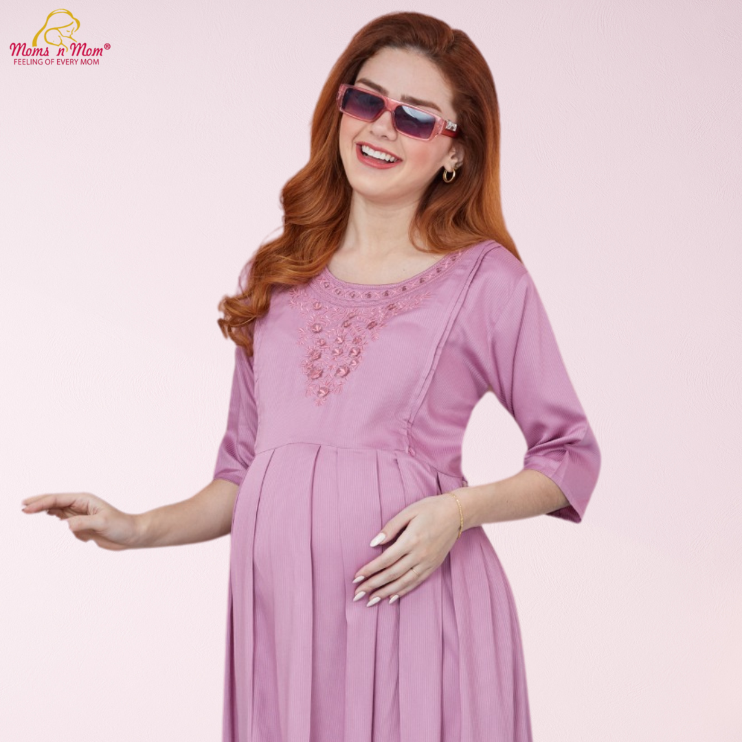 Moms N Mom Cotton Maternity Short Dress | With Vertical Opening Hidden Zipper | Fashionable Maternity & Feeding Kurtis (Peach)