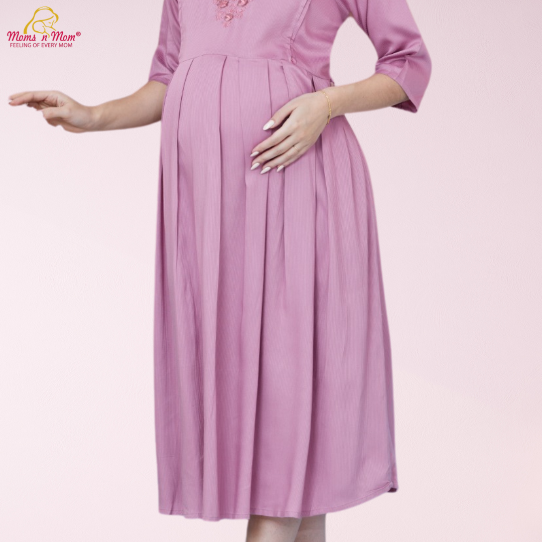 Moms N Mom Cotton Maternity Short Dress | With Vertical Opening Hidden Zipper | Fashionable Maternity & Feeding Kurtis (Peach)