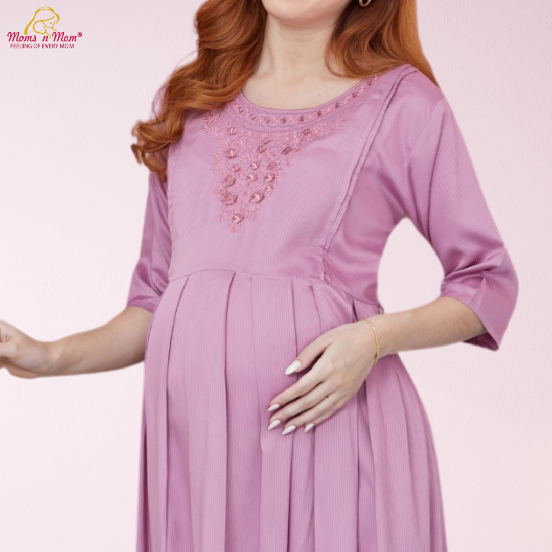 Moms N Mom Cotton Maternity Short Dress | With Vertical Opening Hidden Zipper | Fashionable Maternity & Feeding Kurtis (Peach)