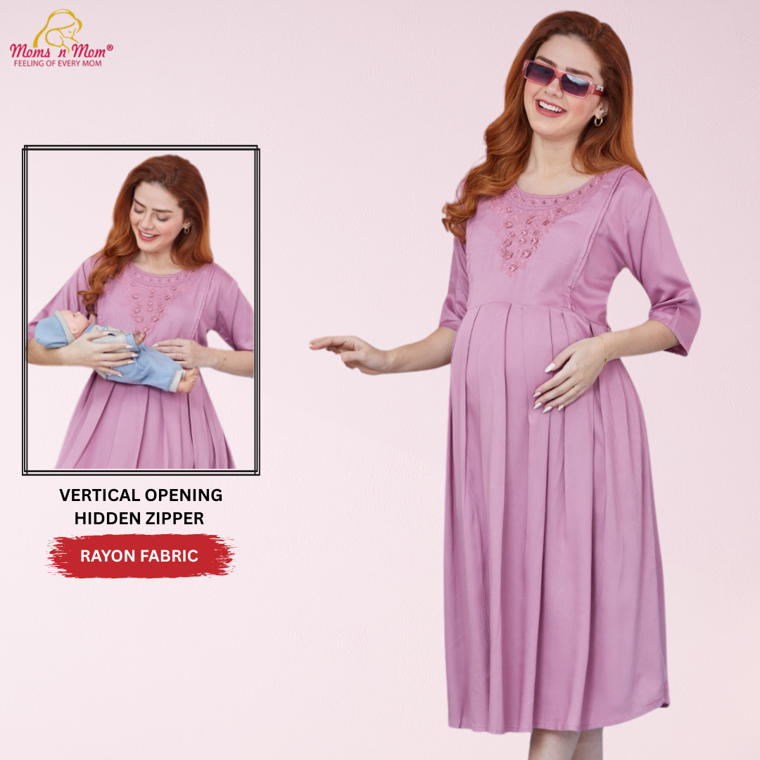 Moms N Mom Cotton Maternity Short Dress | With Vertical Opening Hidden Zipper | Fashionable Maternity & Feeding Kurtis (Peach)