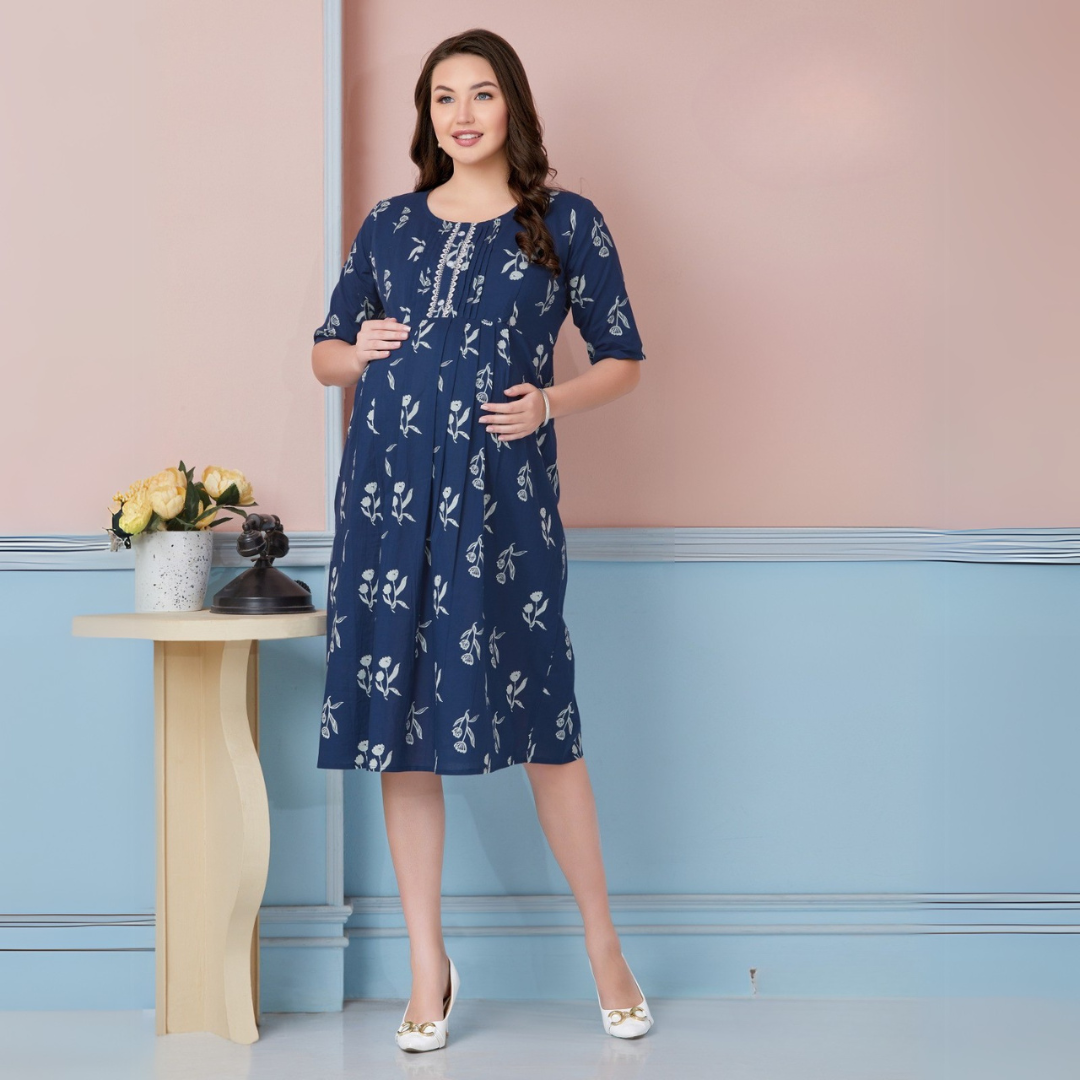 Moms N Mom Cotton Maternity Short Dress | White Floral Print | With Vertical Opening Hidden Zipper (Navy)