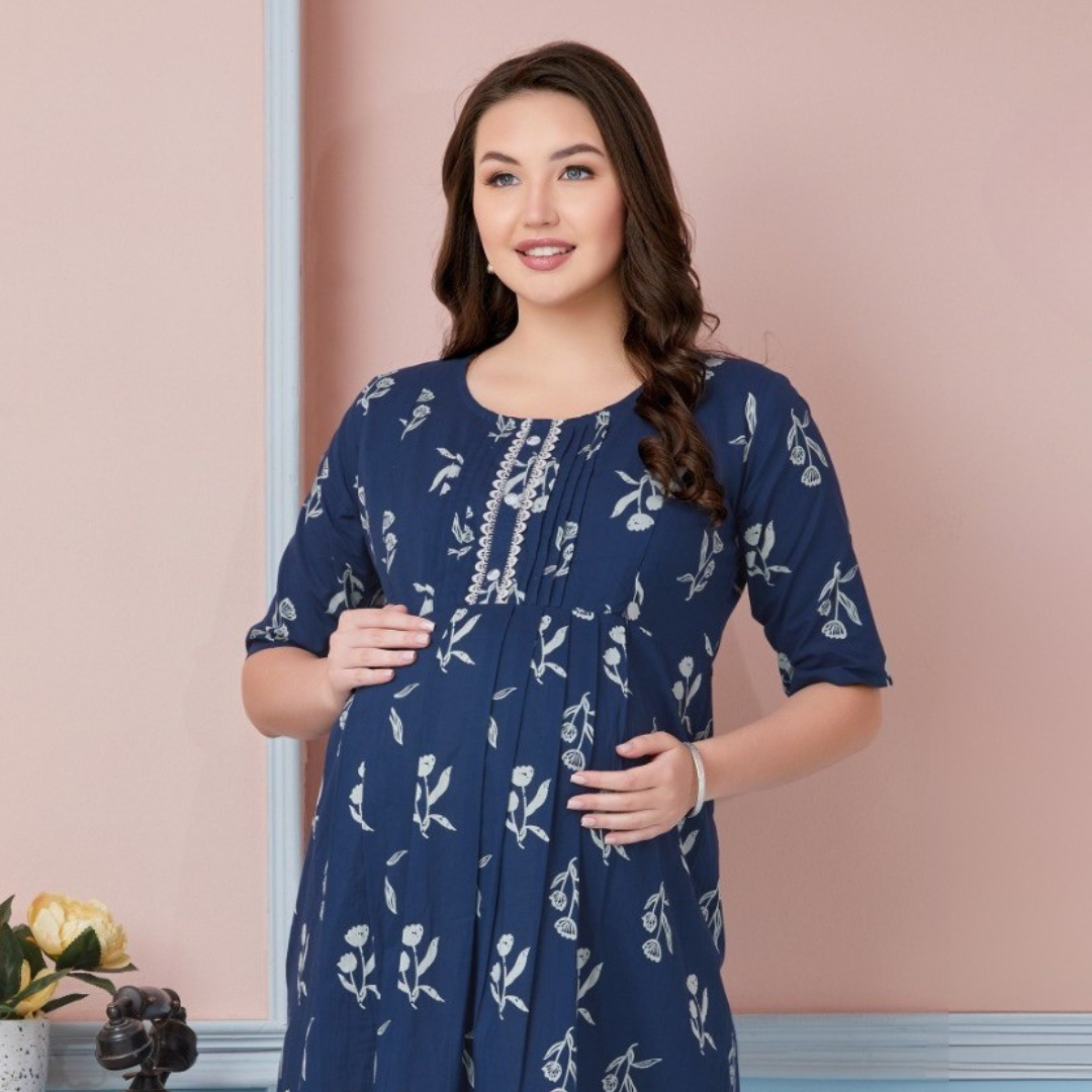 Moms N Mom Cotton Maternity Short Dress | White Floral Print | With Vertical Opening Hidden Zipper (Navy)