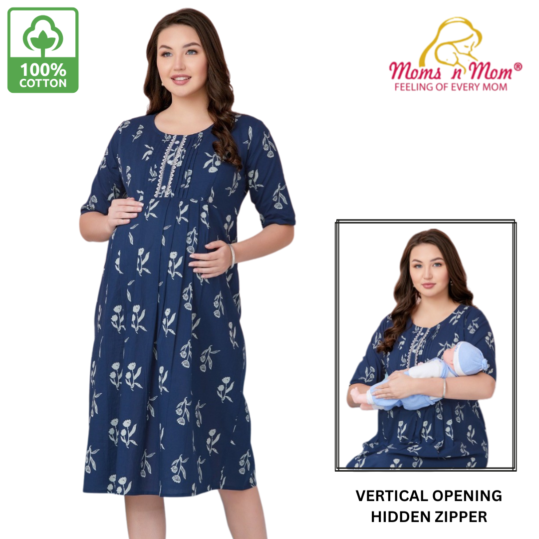 Moms N Mom Cotton Maternity Short Dress | White Floral Print | With Vertical Opening Hidden Zipper (Navy)