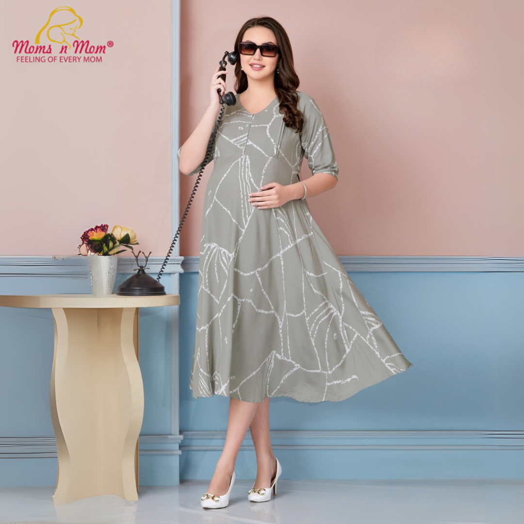 Moms N Mom Cotton Maternity Short Dress | White Abstract Line Patterns | With Vertical Opening Hidden Zipper | Fashionable Maternity & Feeding Kurtis (Green)