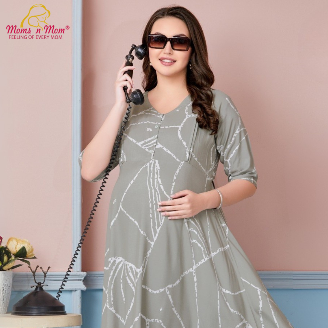 Moms N Mom Cotton Maternity Short Dress | White Abstract Line Patterns | With Vertical Opening Hidden Zipper | Fashionable Maternity & Feeding Kurtis (Green)