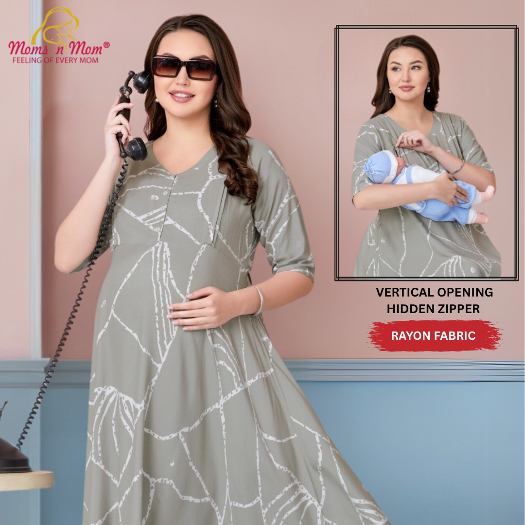 Moms N Mom Cotton Maternity Short Dress | White Abstract Line Patterns | With Vertical Opening Hidden Zipper | Fashionable Maternity & Feeding Kurtis (Green)