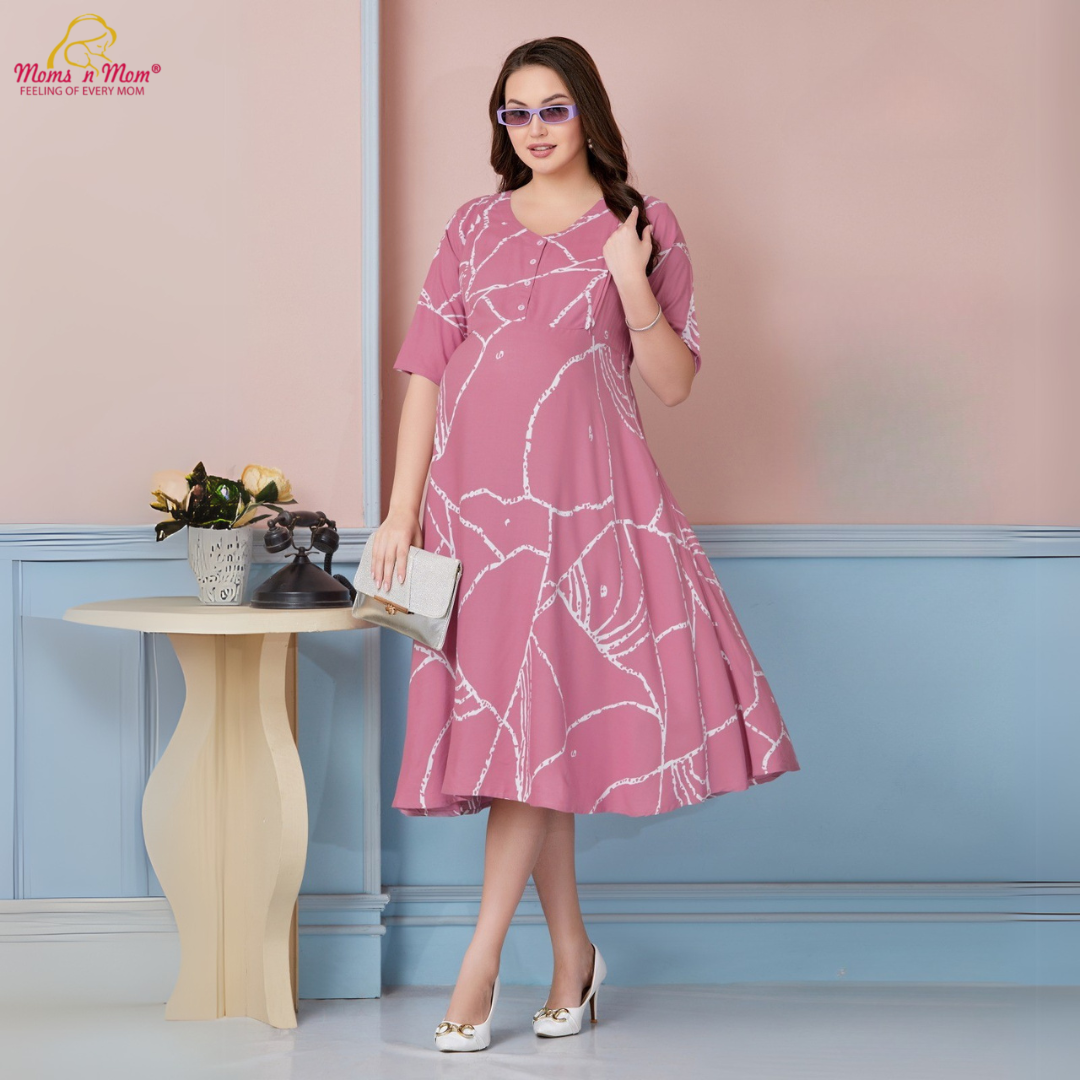 Moms N Mom Cotton Maternity Short Dress | White Abstract Line Patterns | With Vertical Opening Hidden Zipper | Fashionable Maternity & Feeding Kurtis (PEACH)