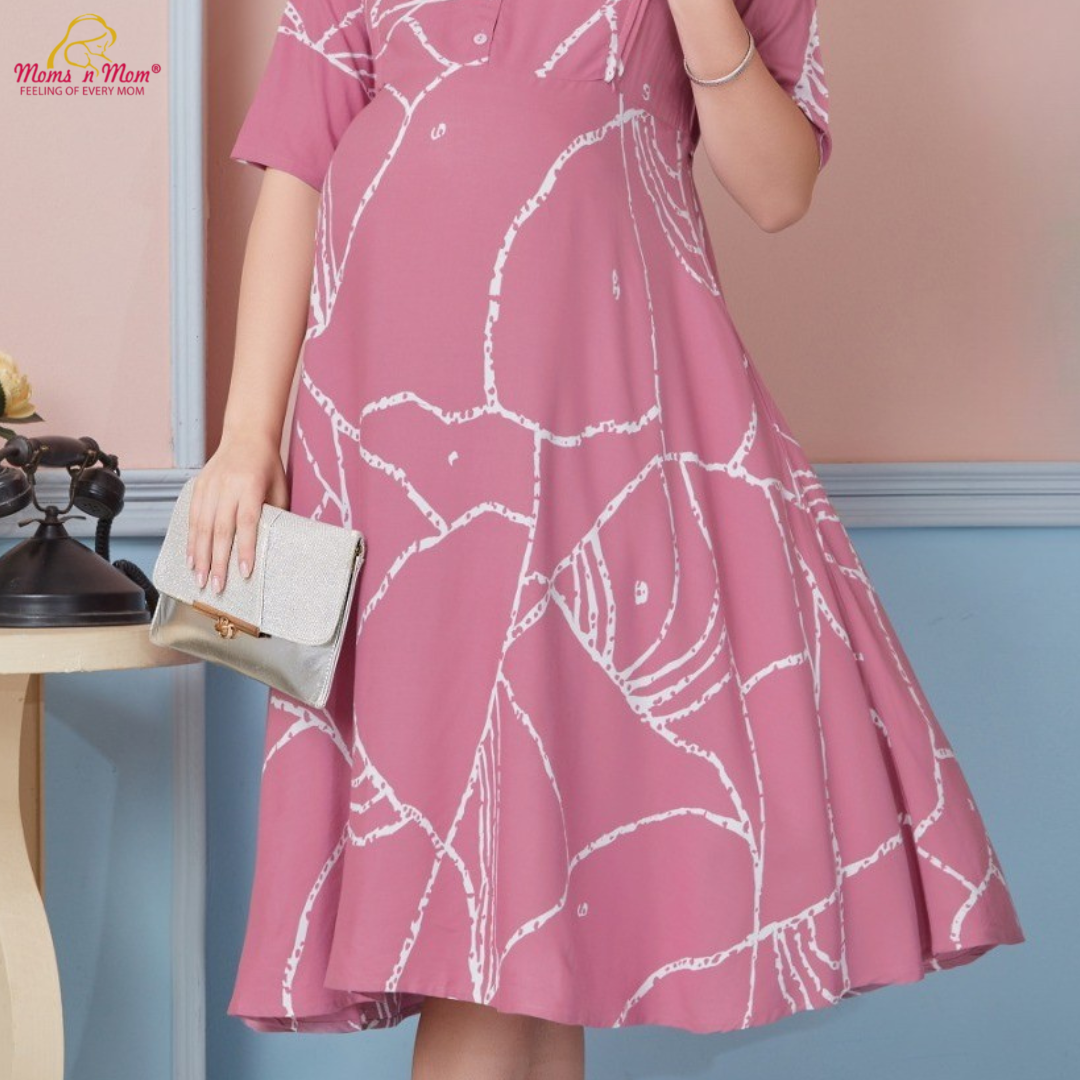 Moms N Mom Cotton Maternity Short Dress | White Abstract Line Patterns | With Vertical Opening Hidden Zipper | Fashionable Maternity & Feeding Kurtis (PEACH)