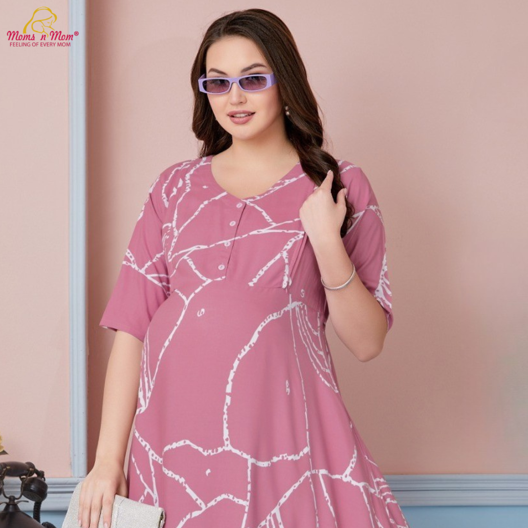 Moms N Mom Cotton Maternity Short Dress | White Abstract Line Patterns | With Vertical Opening Hidden Zipper | Fashionable Maternity & Feeding Kurtis (PEACH)