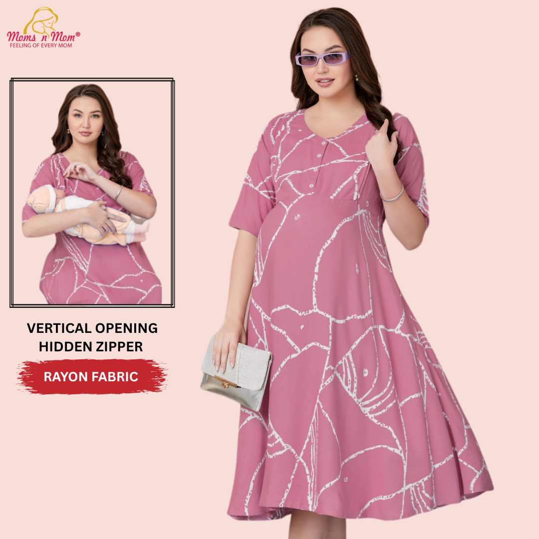 Moms N Mom Cotton Maternity Short Dress | White Abstract Line Patterns | With Vertical Opening Hidden Zipper | Fashionable Maternity & Feeding Kurtis (PEACH)