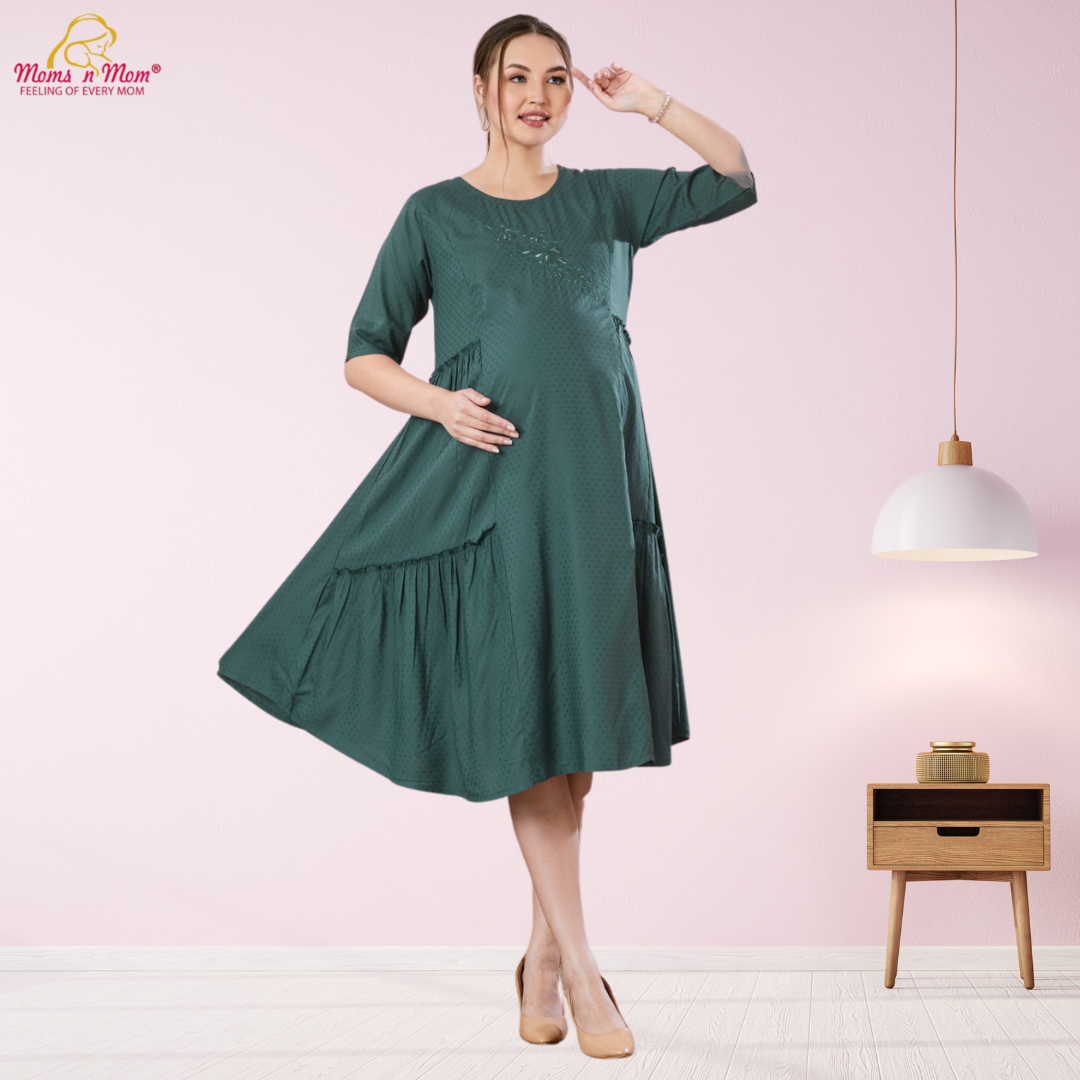 Moms N Mom Cotton Maternity Short Dress | Embroidery Work Fabric | With Vertical Opening Hidden Zipper | Fashionable Maternity & Feeding Kurtis (Green)