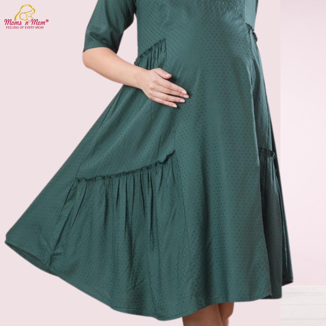 Moms N Mom Cotton Maternity Short Dress | Embroidery Work Fabric | With Vertical Opening Hidden Zipper | Fashionable Maternity & Feeding Kurtis (Green)