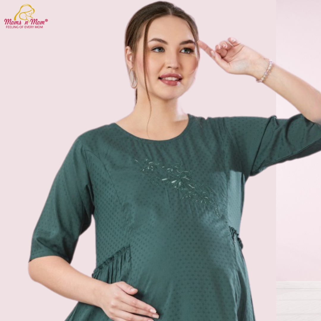 Moms N Mom Cotton Maternity Short Dress | Embroidery Work Fabric | With Vertical Opening Hidden Zipper | Fashionable Maternity & Feeding Kurtis (Green)