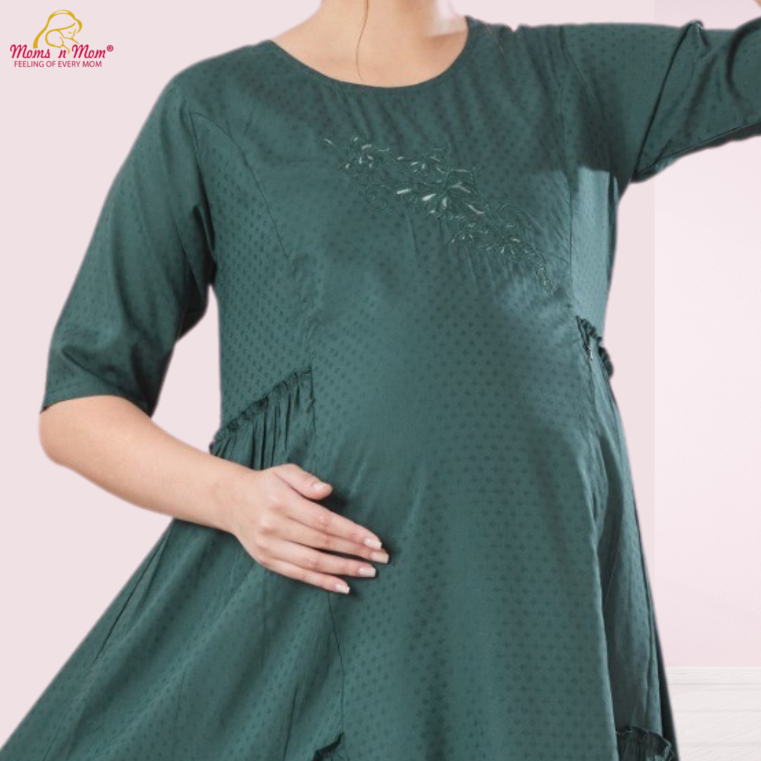 Moms N Mom Cotton Maternity Short Dress | Embroidery Work Fabric | With Vertical Opening Hidden Zipper | Fashionable Maternity & Feeding Kurtis (Green)