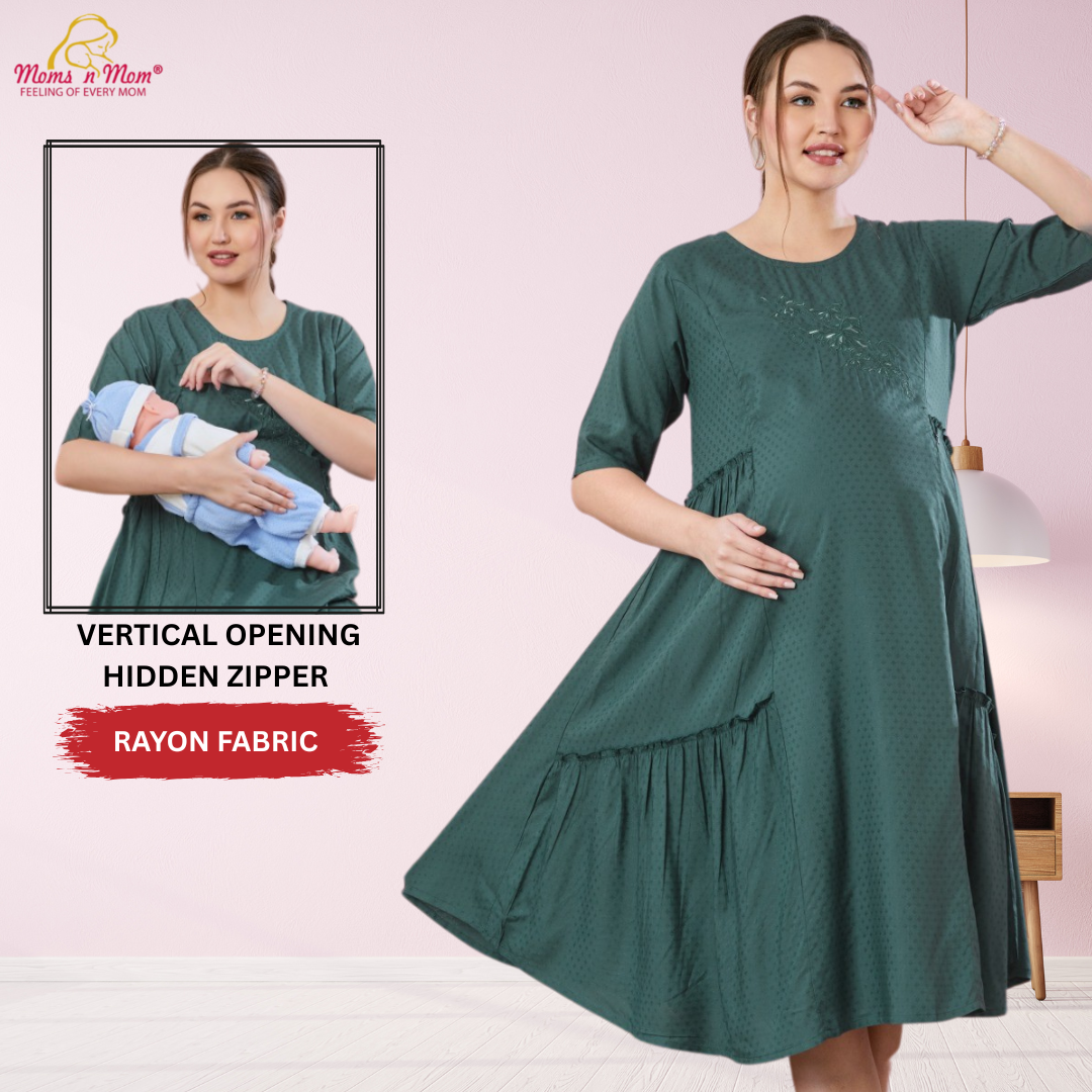 Moms N Mom Cotton Maternity Short Dress | Embroidery Work Fabric | With Vertical Opening Hidden Zipper | Fashionable Maternity & Feeding Kurtis (Green)