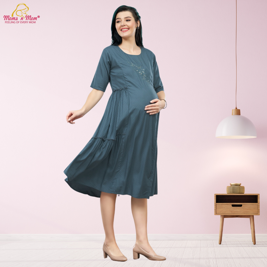 Moms N Mom Cotton Maternity Short Dress | Embroidery Work Fabric | With Vertical Opening Hidden Zipper | Fashionable Maternity & Feeding Kurtis (Blue)