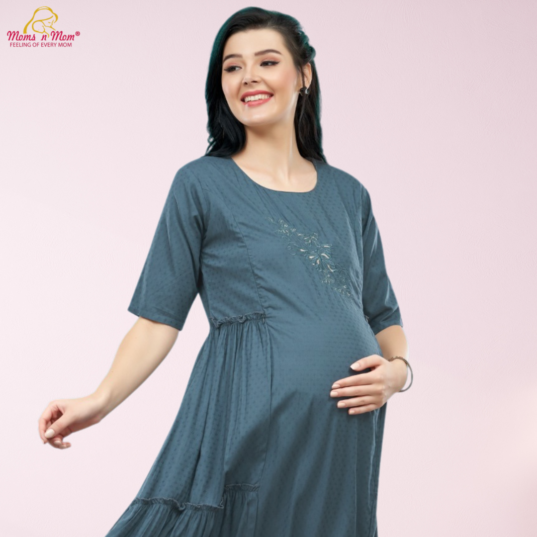 Moms N Mom Cotton Maternity Short Dress | Embroidery Work Fabric | With Vertical Opening Hidden Zipper | Fashionable Maternity & Feeding Kurtis (Blue)