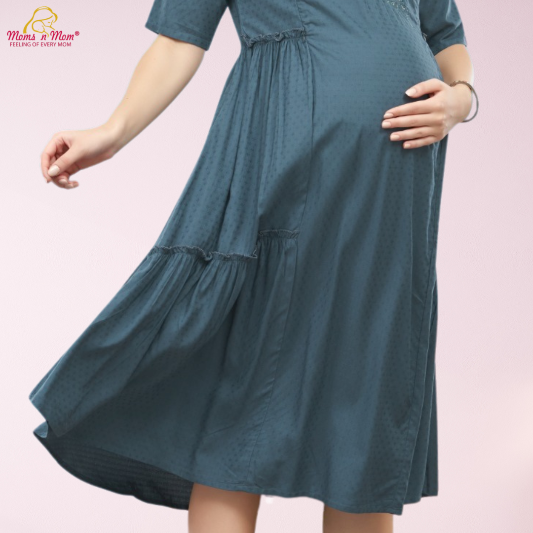 Moms N Mom Cotton Maternity Short Dress | Embroidery Work Fabric | With Vertical Opening Hidden Zipper | Fashionable Maternity & Feeding Kurtis (Blue)