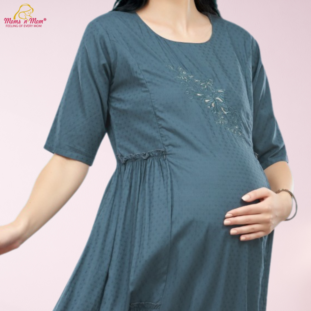 Moms N Mom Cotton Maternity Short Dress | Embroidery Work Fabric | With Vertical Opening Hidden Zipper | Fashionable Maternity & Feeding Kurtis (Blue)