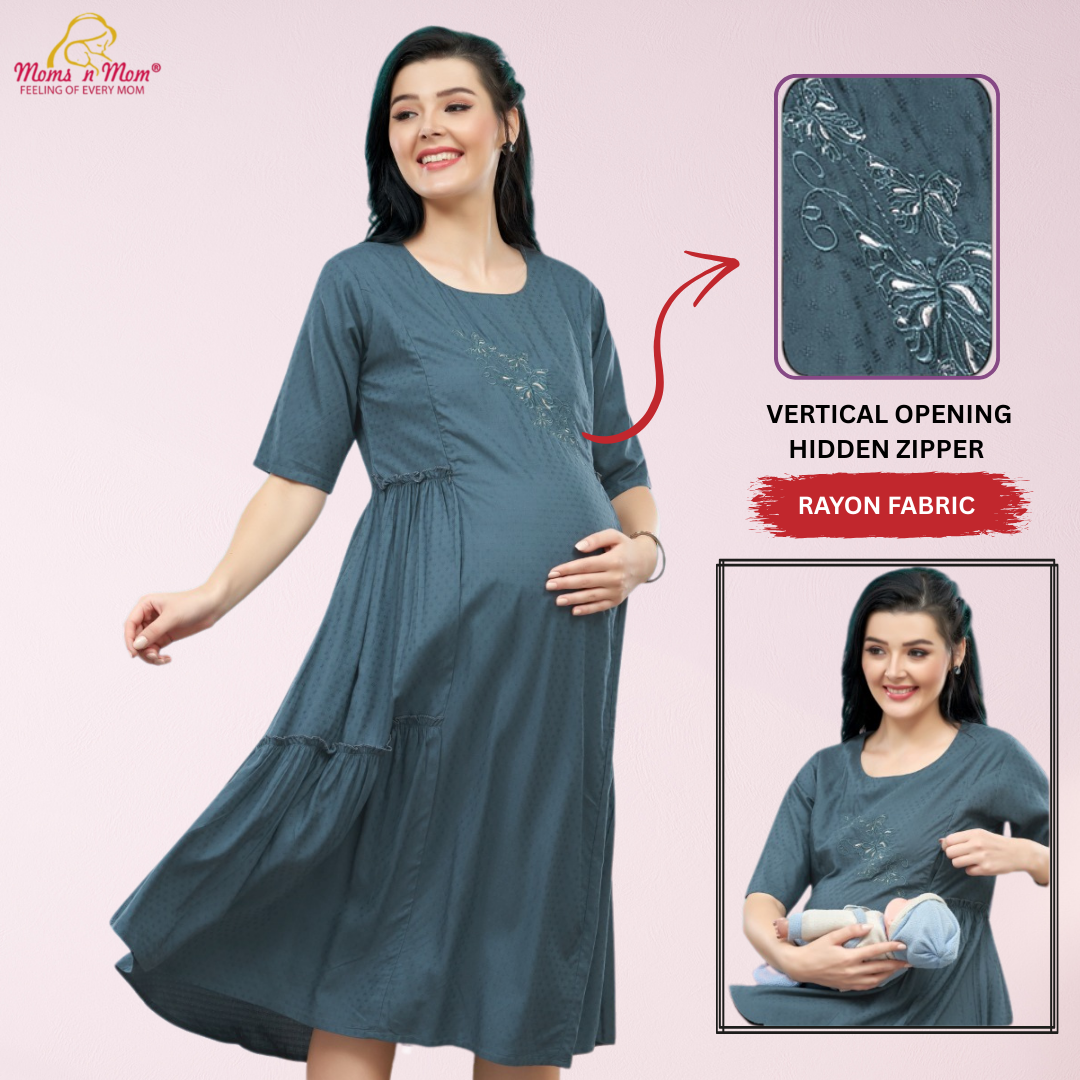 Moms N Mom Cotton Maternity Short Dress | Embroidery Work Fabric | With Vertical Opening Hidden Zipper | Fashionable Maternity & Feeding Kurtis (Blue)