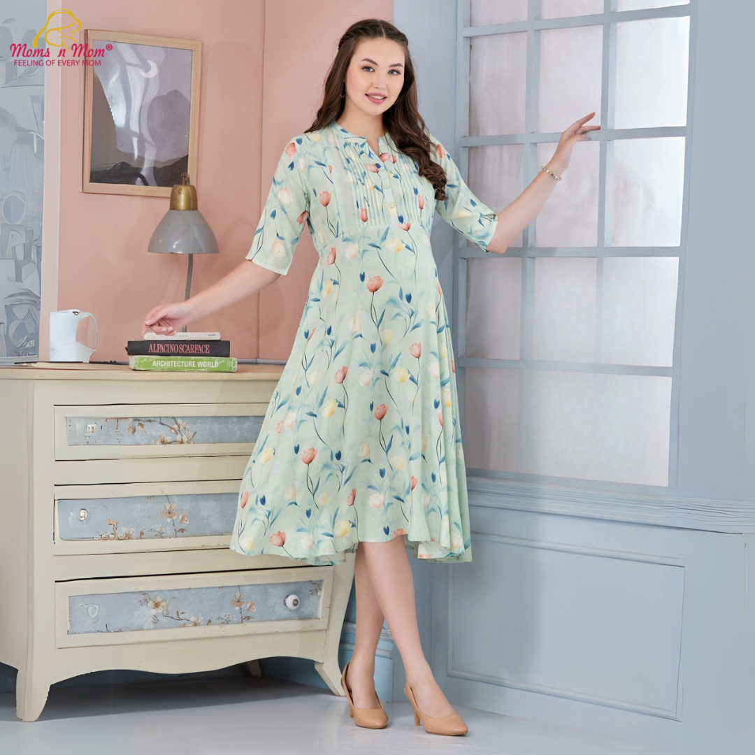 Moms N Mom Cotton Maternity Short Dress | Flowers In Shades | With Vertical Opening Hidden Zipper | Fashionable Maternity & Feeding Kurtis (C.Green)