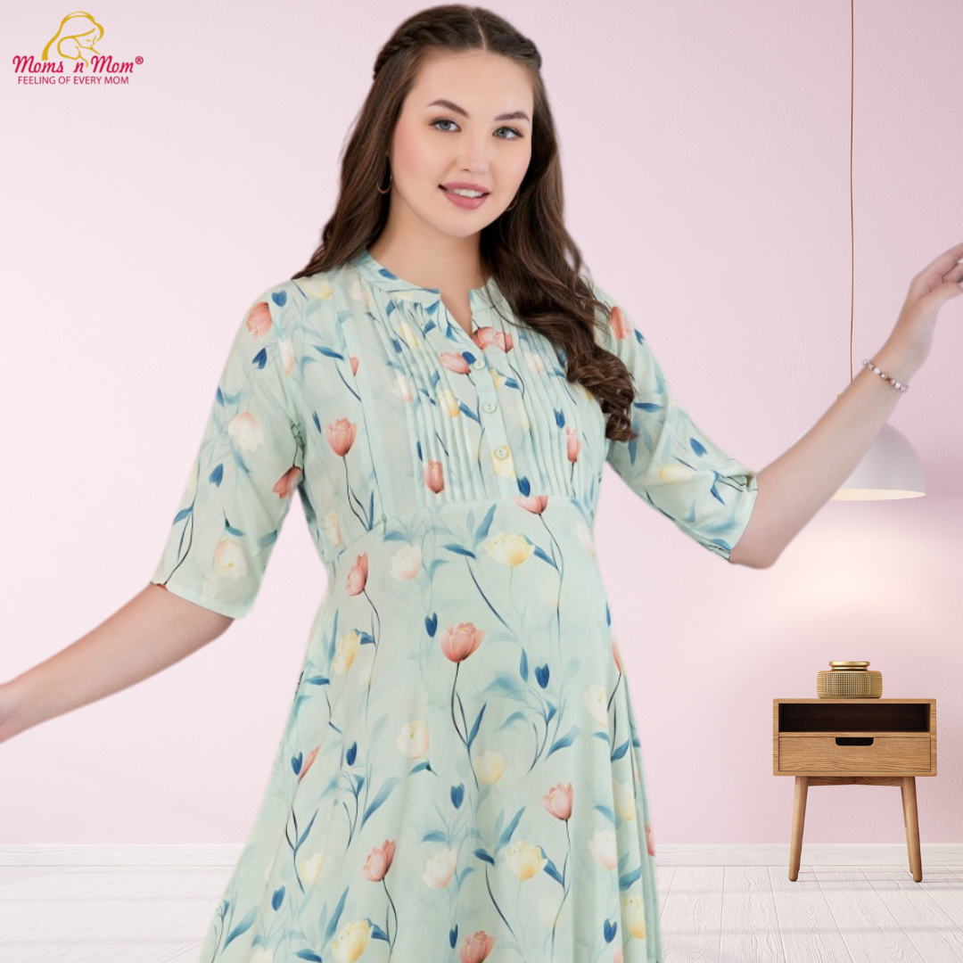 Moms N Mom Cotton Maternity Short Dress | Flowers In Shades | With Vertical Opening Hidden Zipper | Fashionable Maternity & Feeding Kurtis (C.Green)