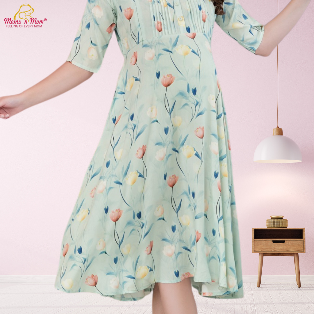 Moms N Mom Cotton Maternity Short Dress | Flowers In Shades | With Vertical Opening Hidden Zipper | Fashionable Maternity & Feeding Kurtis (C.Green)