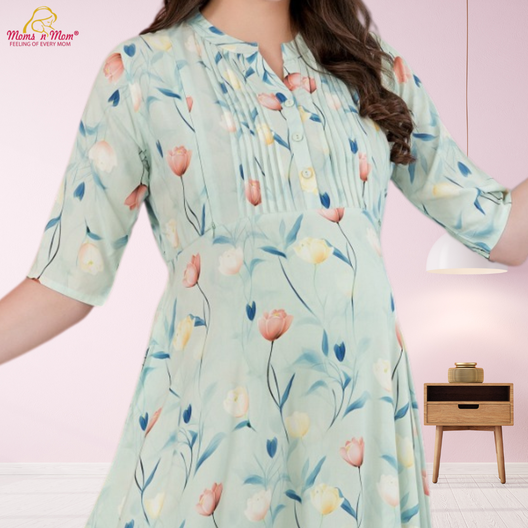 Moms N Mom Cotton Maternity Short Dress | Flowers In Shades | With Vertical Opening Hidden Zipper | Fashionable Maternity & Feeding Kurtis (C.Green)