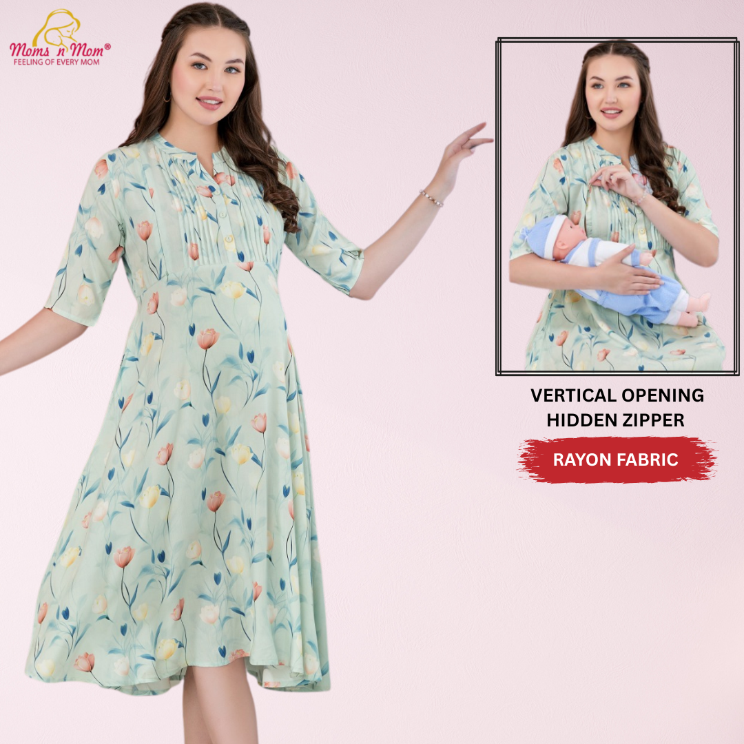 Moms N Mom Cotton Maternity Short Dress | Flowers In Shades | With Vertical Opening Hidden Zipper | Fashionable Maternity & Feeding Kurtis (C.Green)