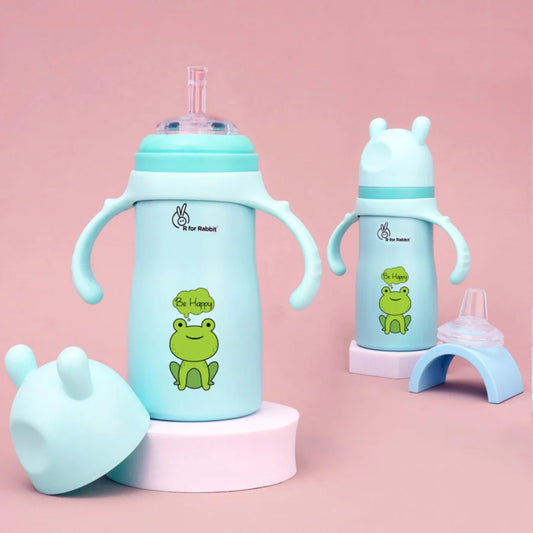 R FOR RABBIT SIPPER IN BLUE COLOR , 270ML FOR BABY FROG PRINTED STAINLES STEEL BOTTLE , Steebo Tiny Tales 2 in 1 Spout and Straw Sipper Stainless Steel Bottle For Kids 270ml
