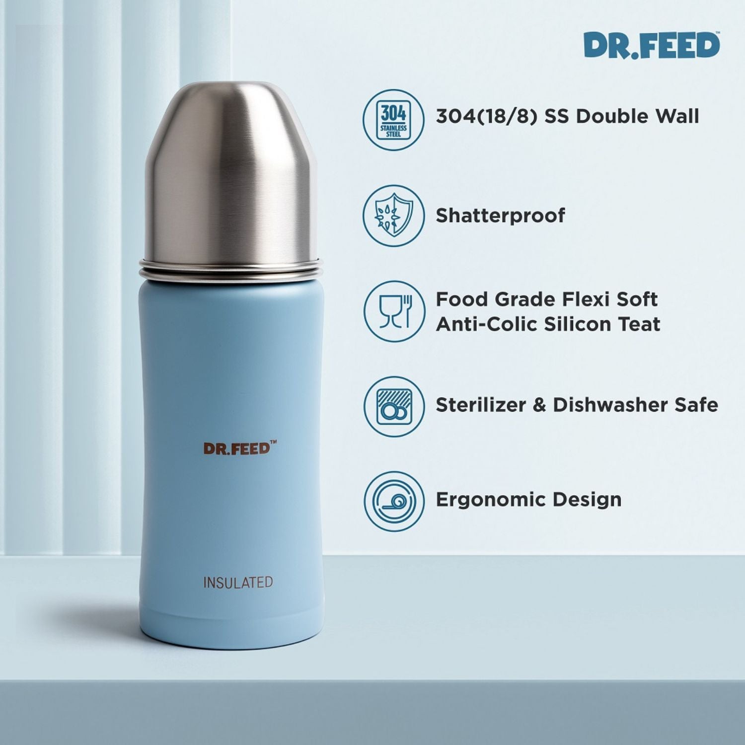 Adore DR.FEED Majestique Insulated Stainless Steel Feeding Bottle (270 ml, Blue) | Double Wall 304 SS | Anti-Colic Silicone Teat | Keeps Milk Warm & Cold Longer