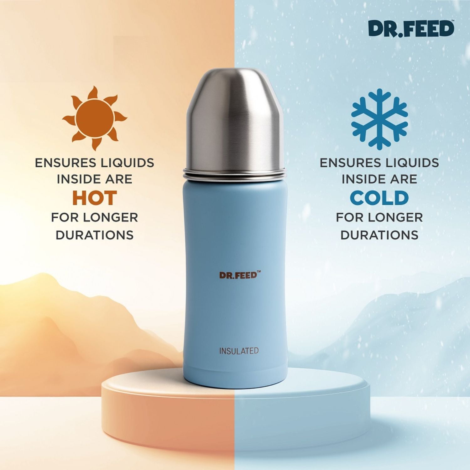 Adore DR.FEED Majestique Insulated Stainless Steel Feeding Bottle (270 ml, Blue) | Double Wall 304 SS | Anti-Colic Silicone Teat | Keeps Milk Warm & Cold Longer