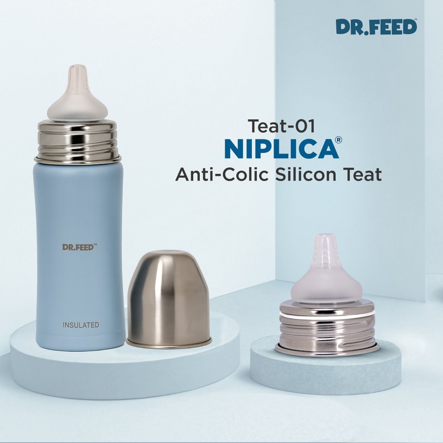 Adore DR.FEED Majestique Insulated Stainless Steel Feeding Bottle (270 ml, Blue) | Double Wall 304 SS | Anti-Colic Silicone Teat | Keeps Milk Warm & Cold Longer