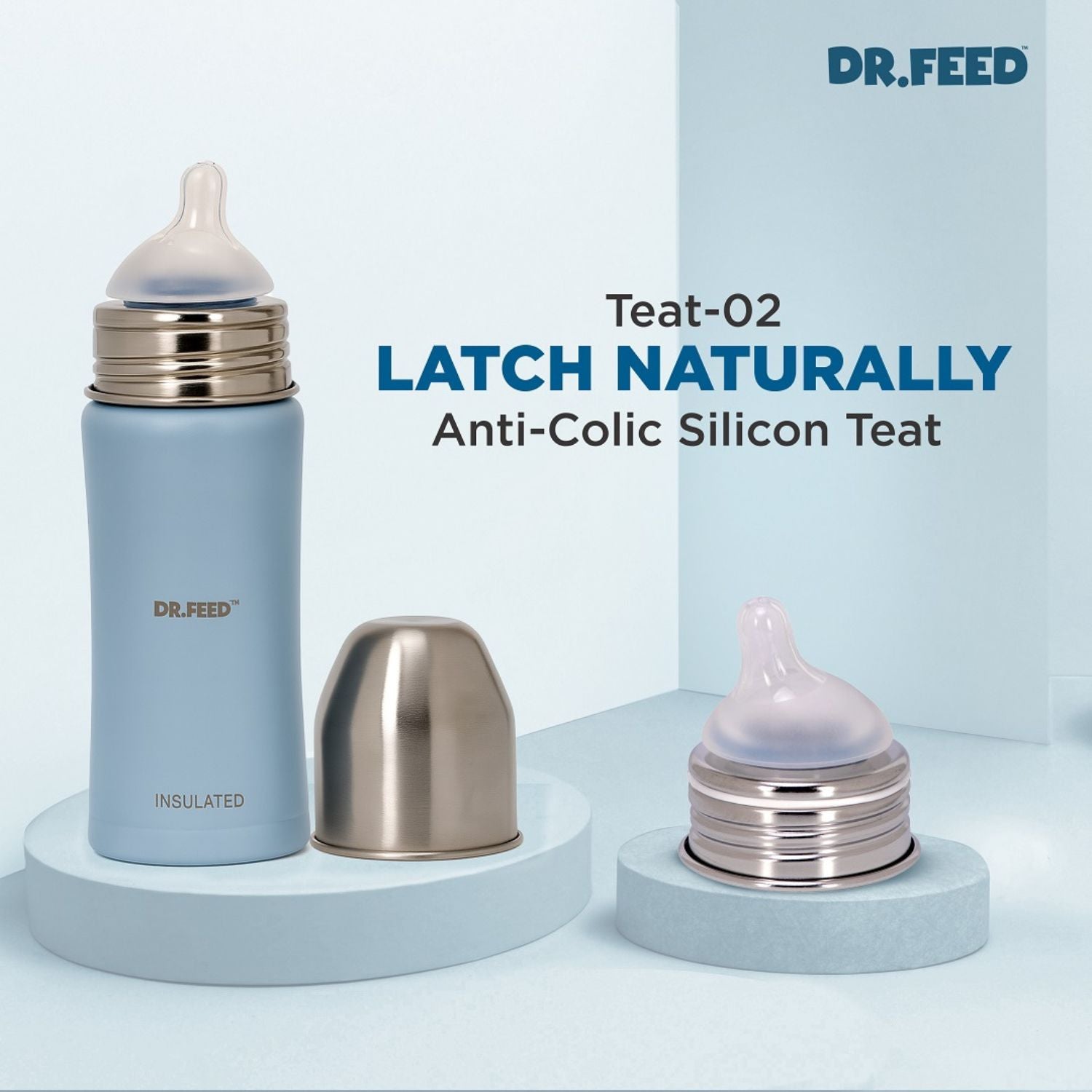 Adore DR.FEED Majestique Insulated Stainless Steel Feeding Bottle (270 ml, Blue) | Double Wall 304 SS | Anti-Colic Silicone Teat | Keeps Milk Warm & Cold Longer