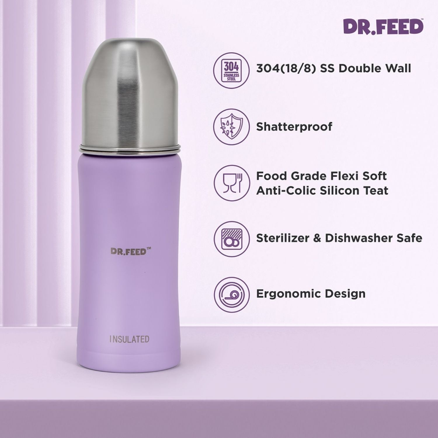 ADORE DR.FEED Majestique Insulated Stainless Steel Feeding Bottle (270 ml, Purple) | Double Wall 304 SS | Anti-Colic Silicone Teat | Keeps Milk Warm & Cold Longer
