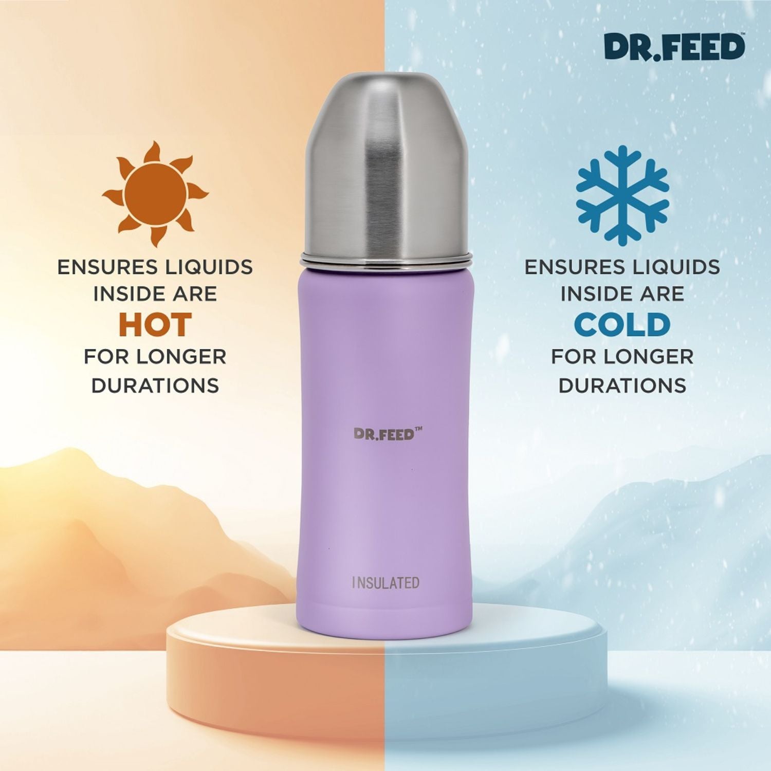 ADORE DR.FEED Majestique Insulated Stainless Steel Feeding Bottle (270 ml, Purple) | Double Wall 304 SS | Anti-Colic Silicone Teat | Keeps Milk Warm & Cold Longer
