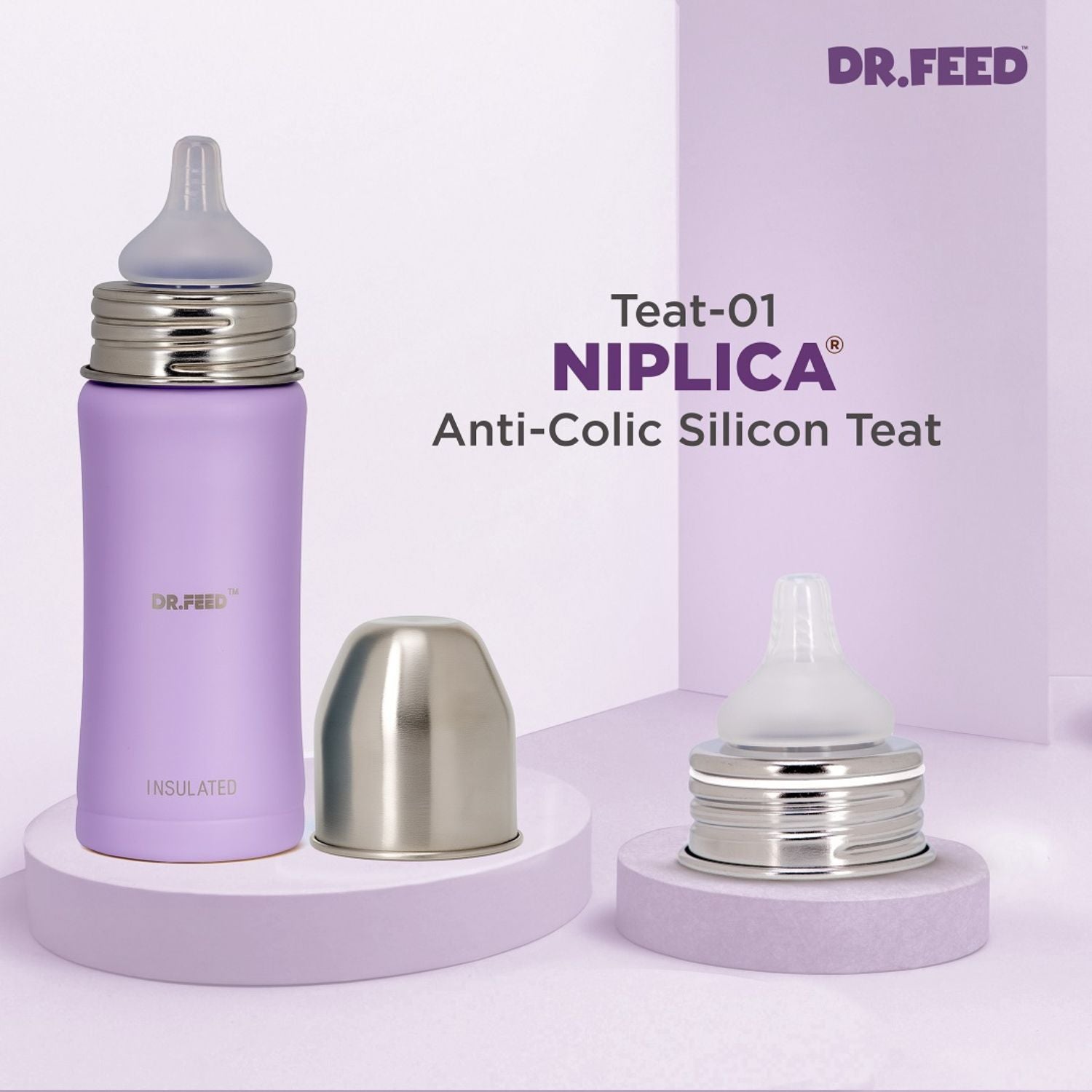 ADORE DR.FEED Majestique Insulated Stainless Steel Feeding Bottle (270 ml, Purple) | Double Wall 304 SS | Anti-Colic Silicone Teat | Keeps Milk Warm & Cold Longer