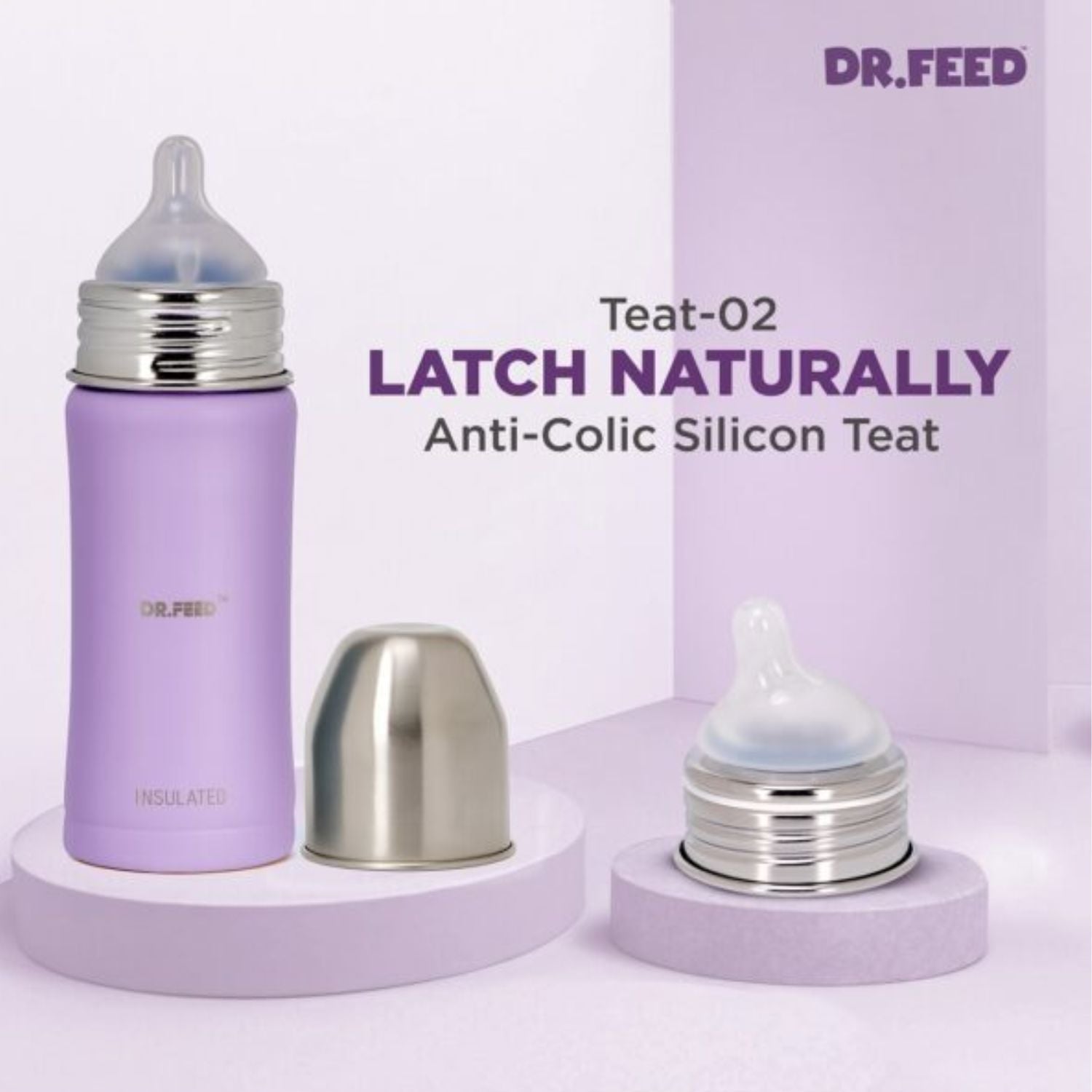 ADORE DR.FEED Majestique Insulated Stainless Steel Feeding Bottle (270 ml, Purple) | Double Wall 304 SS | Anti-Colic Silicone Teat | Keeps Milk Warm & Cold Longer