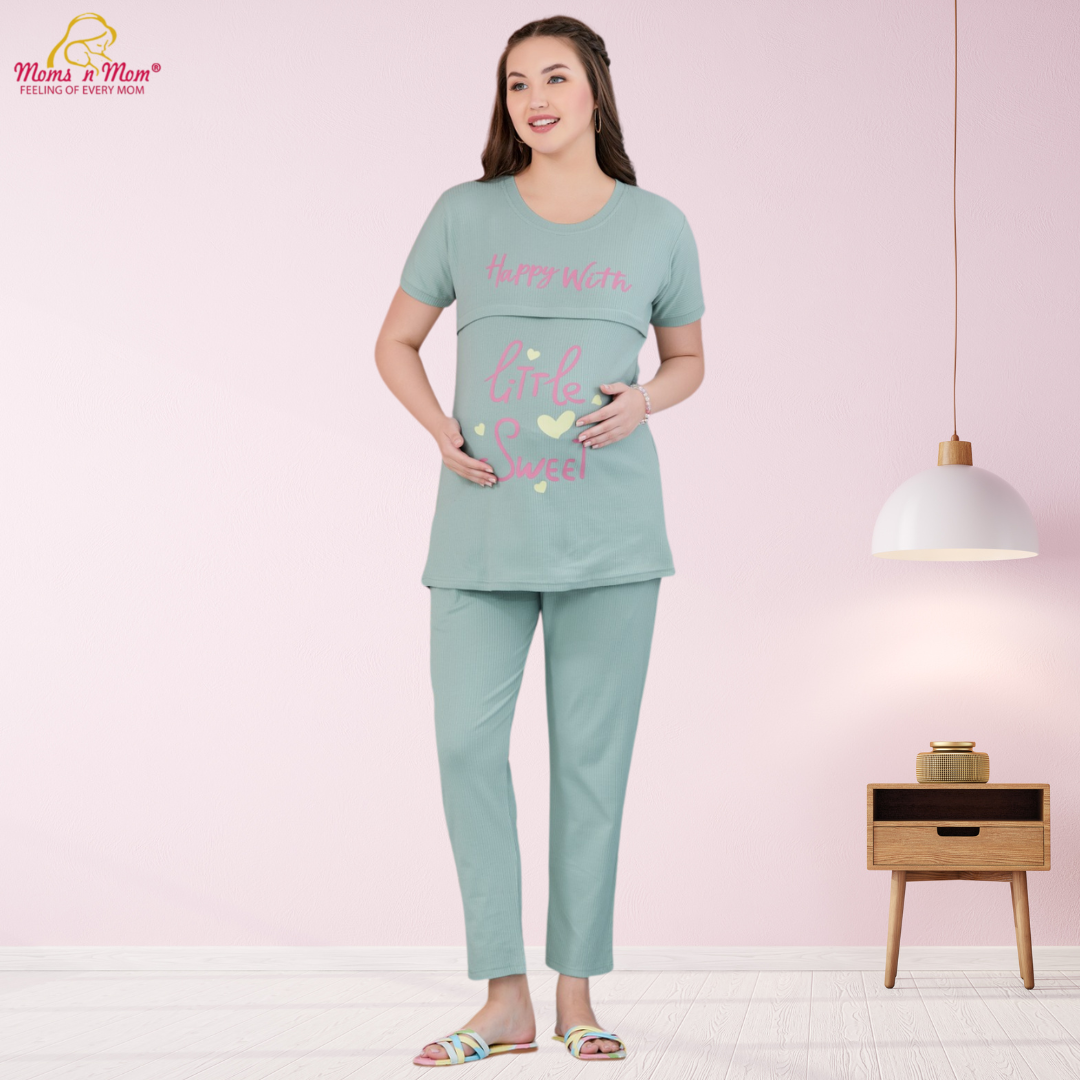 Moms N Mom Hosiery Maternity Night Suit | Horizontal Opening Hidden Zipper | Fashionable Maternity & Feeding Dress (Green)